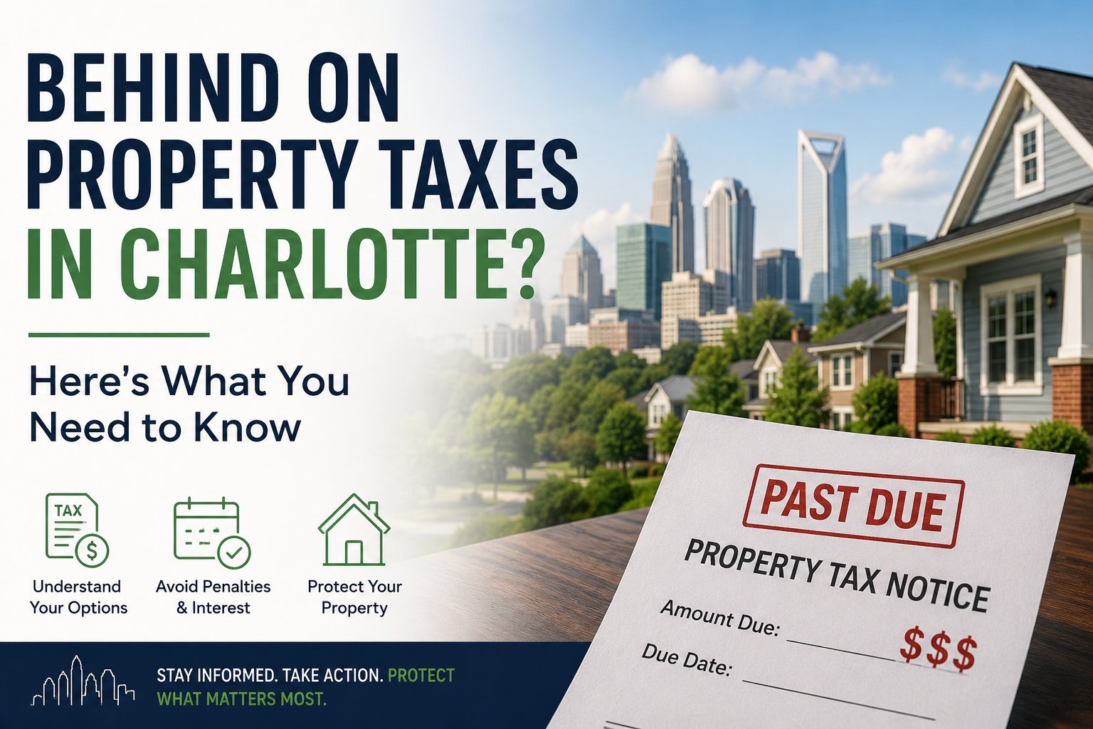 Past-due property tax notice in front of the Charlotte, NC skyline