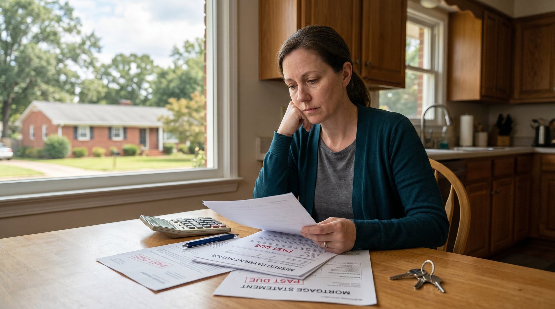 Worried North Carolina homeowner reviewing past-due mortgage statements at a kitchen table