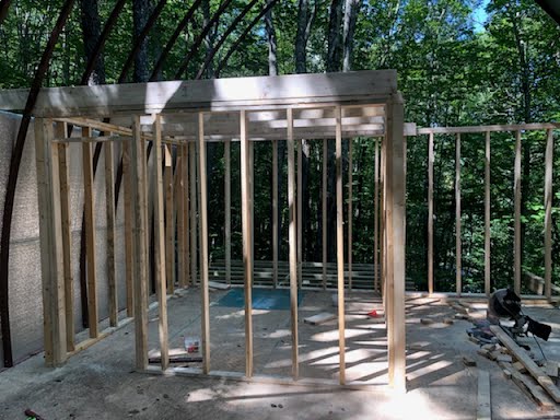 Interior — wood framing for walls, open roof arc, Beech Mountain NC