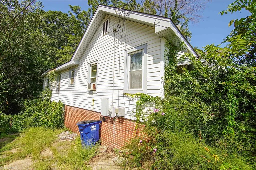 Exterior rear — severely overgrown, Winston-Salem NC